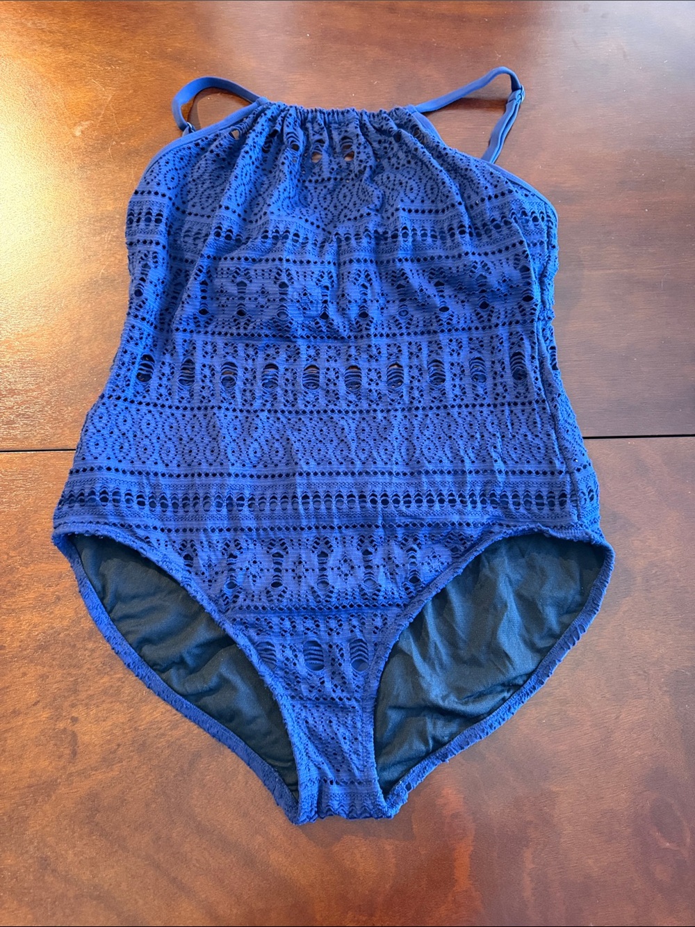 Aqua Green Navy Blue Crochet Halter One-Piece Swimsuit
